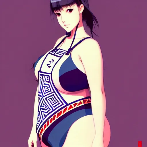 Image similar to a beautiful plus sized model japanese natalie portman, alluring plus sized model, wearing mayan leotard with elegant mayan apron overalls, street fashion hip hop style with mayan patterns, aztec street fashion, gapmoe yandere grimdark, trending on pixiv fanbox, painted by greg rutkowski makoto shinkai takashi takeuchi studio ghibli, akihiko yoshida