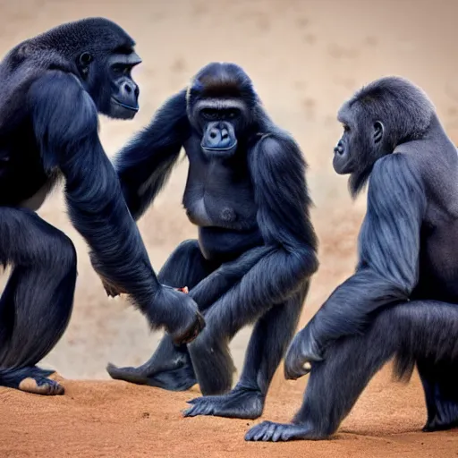 Prompt: three Gorillas hunting a human in the Sahara