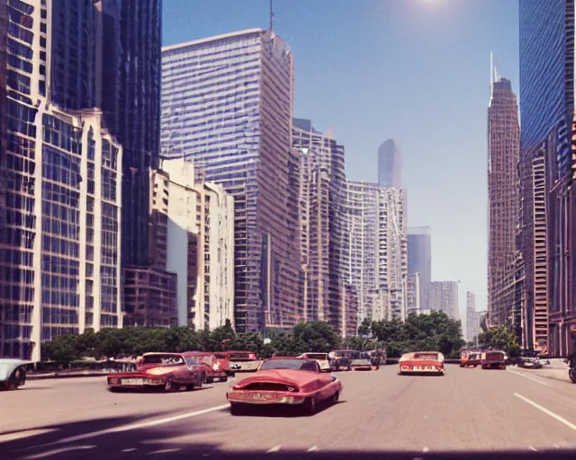 Image similar to a group of cars driving down a street next to tall buildings, a matte painting by andrey yefimovich martynov, pixiv, superflat, streetscape, anamorphic lens flare, photo taken with ektachrome