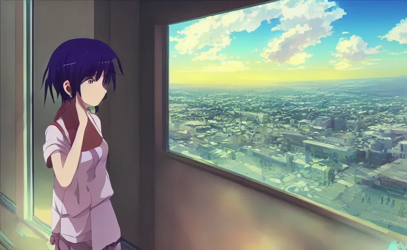 Prompt: anime girl looks out the window at the sunset over megopolis, anime scenery by Makoto Shinkai, digital art