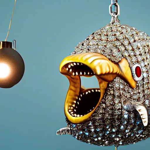 Image similar to A diamond encrusted killer anglerfish with jeweled teeth, dangling a light in front of it, the light is a dollar sign