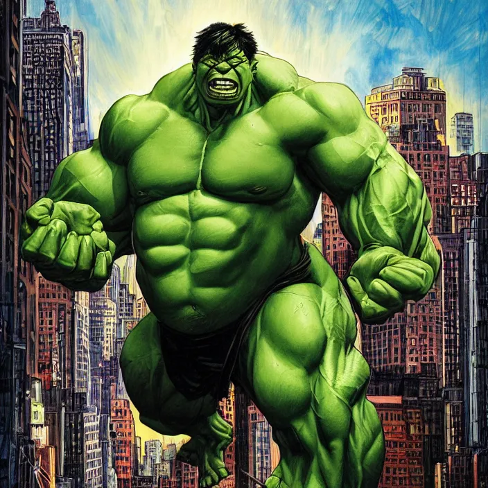 Image similar to a portrait of the incredible hulk looking angry in new york city by james jean and brian despain dramatic lighting.