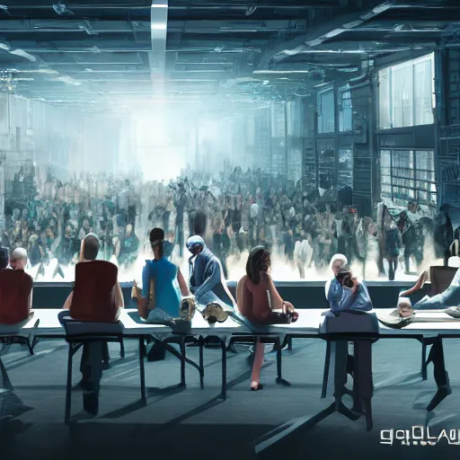 Prompt: large group people in a huge warehouse, gathered around a hologram of futuristic city on a table | cinematic concept art | godrays | 4 k | clear details | tabletop | tabletop