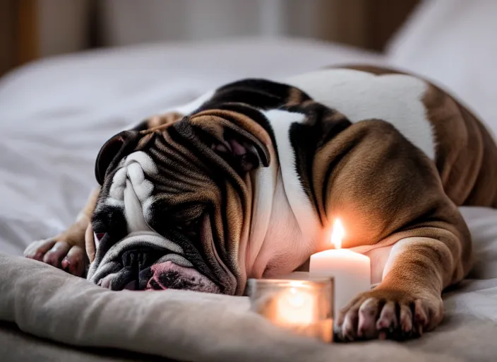 Image similar to a closeup, 4 5 mm, portrait of a sleeping english bulldog in a bed, on a pillow, candle light, 4 5 mm, by franz lanting