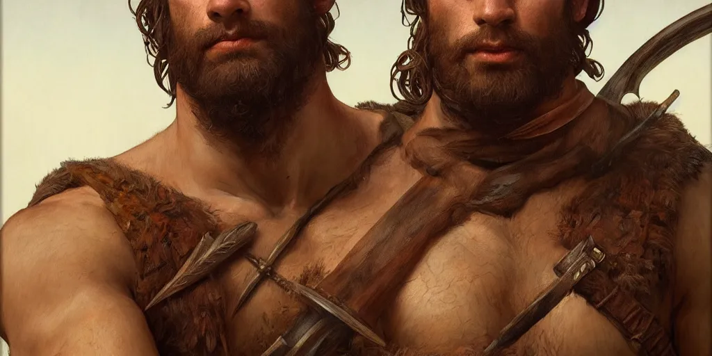 Image similar to renaissance upper body portrait of a gruff ranger with a spear, lean and toned, handsome face, hairy chest, Savage Worlds, intricate, elegant, highly detailed, digital painting, artstation, concept art, matte, sharp focus, illustration, art by da Vinci, Artgerm and Greg Rutkowski and Alphonse Mucha