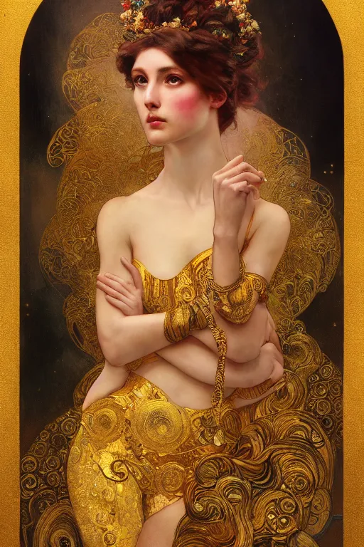 Image similar to an intricate artistic pose painting of a beautiful young goddess with an artistic sensual pose with klimt golden motives and textures, hyper detailed, ornamental gold headpiece, octane render, vivid colors, artstation, by jeremy mann, by alphonse mucha, by boris vallejo