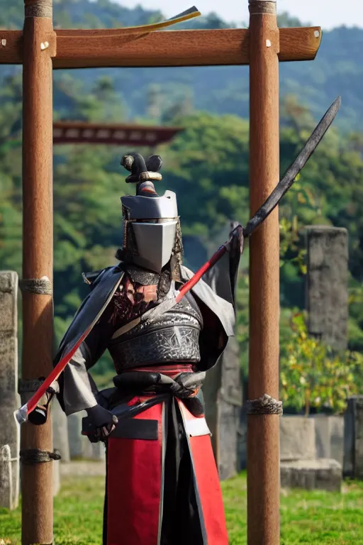 Image similar to a godlike and indomitable masked and helmeted samurai posing with their katana before a Torii gate with pride, the rising sun in the background. Photo realistic. Award winning