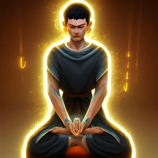 Prompt: a male mage in his 2 0 s with black hair, meditating with closed eyes. unreal engine, extremely detailed, award - winning art, trending on artstation