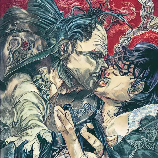 Image similar to closeup of vampire kiss, by yoichi hatakenaka, masamune shirow, josan gonzales and dan mumford, ayami kojima, takato yamamoto, karol bak