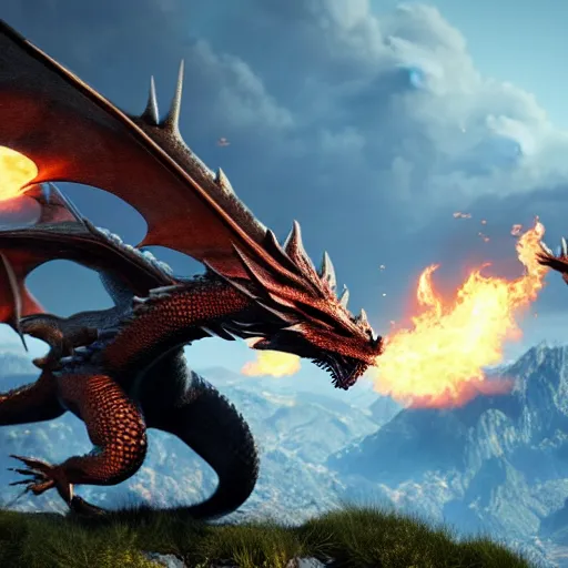 Prompt: dragons, realistic, fire spitting, mountains, landscape, unreal engine, hyper realistic, octane render, unreal engine