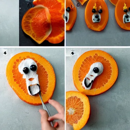 Image similar to making of an edible giraffe from an orange step by step, starting from the firs step, a whole orange, each step is a progression