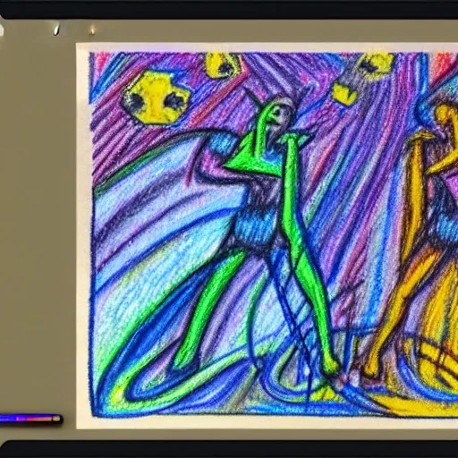 Image similar to Midjourney vs DALL-E vs Stable Diffusion, fight, compete, crayon drawing