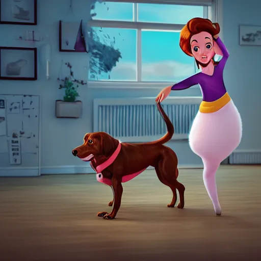 Image similar to women working, in the style of disney, comic book style, the dog is doing a ballet dance, highly detailed, 8k resolution, octane renderer