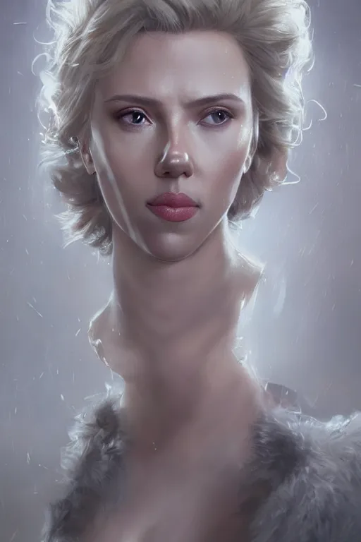 Image similar to a fancy portrait of Scarlett Johansson crystal statue by Greg Rutkowski, Sung Choi, Mitchell Mohrhauser, Maciej Kuciara, Johnson Ting, Maxim Verehin, Peter Konig, final fantasy , mythical, 8k photorealistic, cinematic lighting, HD, high details, atmospheric,