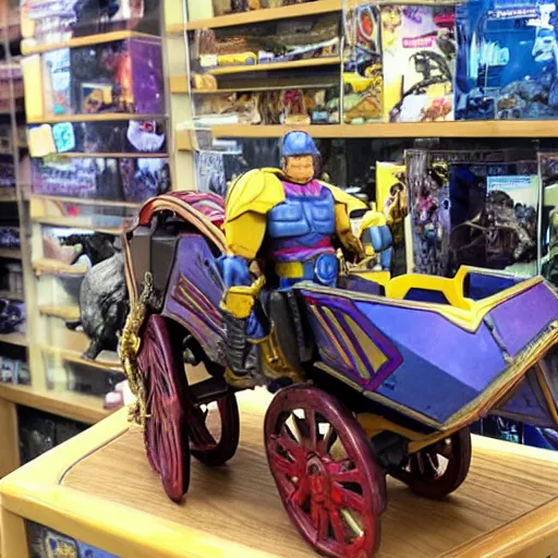 Image similar to full - color photo of a transformers toy that is a roman soldier which transforms into a horse - drawn chariot, displayed on a shelf in a toy store.