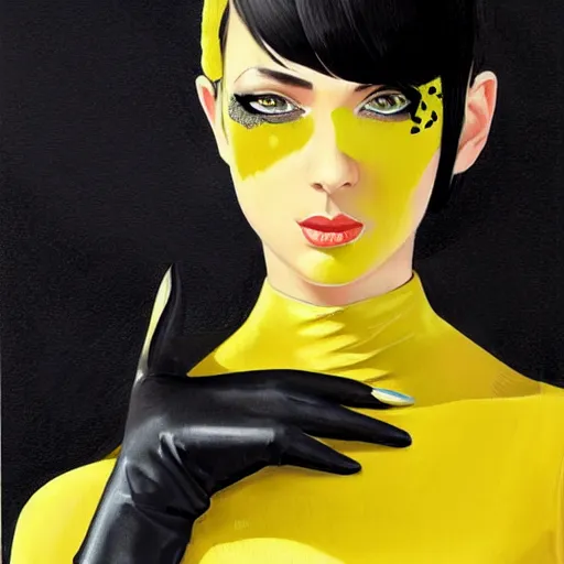 Image similar to slim girl in yellow snake skin tuxedo and black leather gloves with short black hair and with black eye patch, elegant, 2d, ultra highly detailed, digital painting, smooth, sharp focus, artstation, art by Ilya Kuvshinov