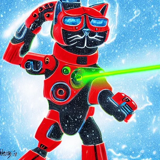 Prompt: cyborg cat with laser guns drawn in the blizzard style artists