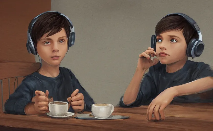 Image similar to a boy with headphones sitting on a table in a cafe with a coffee, digital art, digital painting, masterpiece, concept art, trending on deviantart, highly detailed, high quality, anatomically correct, five fingers, cinematic, high coherence, soft lighting, soft colors, beautiful, elegant, short black hair, 4 k, symmetrical, realistic and detailed face, cartoon