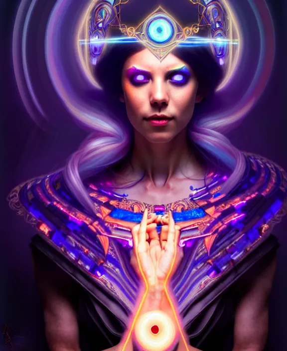 Image similar to a whirlwind of souls rushing inside the metaverse, half body, glowin eyes, tiara with sapphire, pharaoh, android, cyberpunk, d & d, fantasy, intricate, elegant, highly detailed, colorful, vivid color, digital painting, artstation, concept art, art by artgerm and greg rutkowski and alphonse mucha and ruan jia