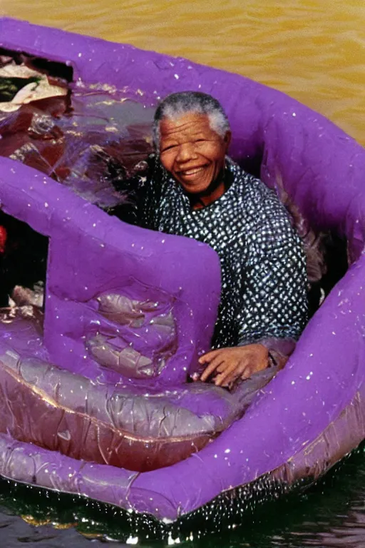 Image similar to nelson mandela in a purple bouncy castle formed as a prison floating on water in waterworld