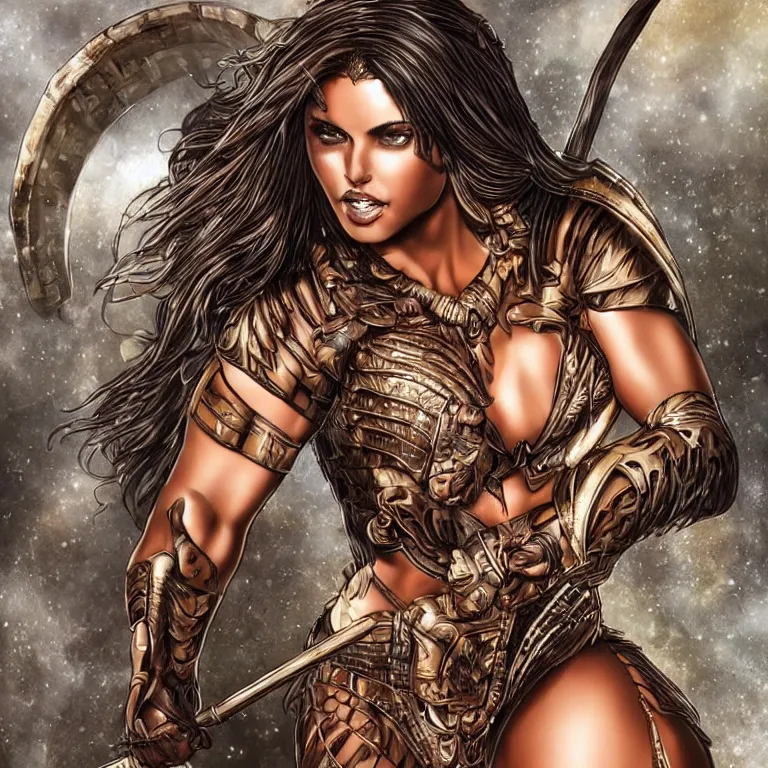 Prompt: adriana chechik as an amazon warrior, a tall beautiful woman with brown skin and long hair, dressed in hellenistic body armor, intricate, elegant, highly detailed, smooth, sharp focus, detailed face, art by ardian syaf