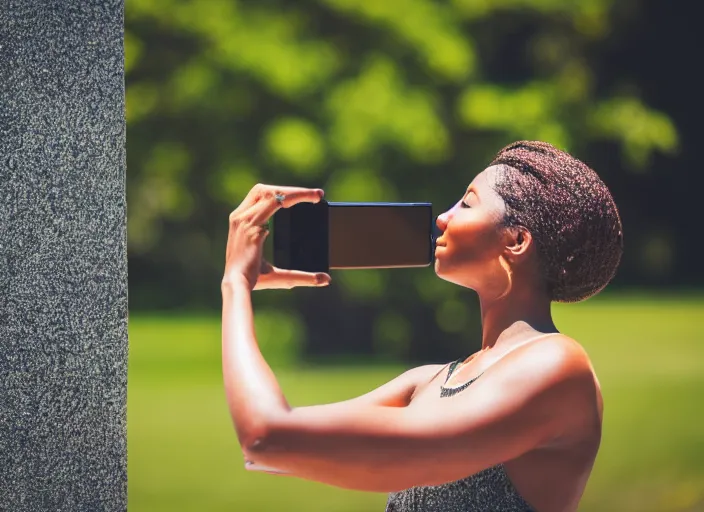 Image similar to photo still of a bronze statue of a woman using an iphone to take a selfie in a park on a bright sunny day, 8 k 8 5 mm f 1 6