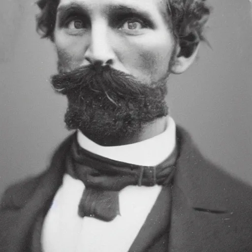 Image similar to A photograph portrait of Jerma985 with crazy wavy hair a pyramidal mustache in the late 1800s, taken in the late 1800s, 1870s, grainy, taken on a Field View Camera, realistic, hyperrealistic, very realistic, highly detailed, very detailed, extremely detailed, detailed, digital art, trending on artstation