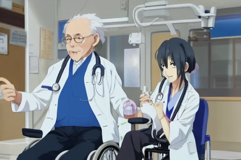 Prompt: a cute young female doctor wearing white coat, an old man of 80 years wearing blue T-shirt in a wheelchair, hospital ward, slice of life anime, cinematic, realistic, anime scenery by Naoshi Arakawa:8 and Makoto shinkai