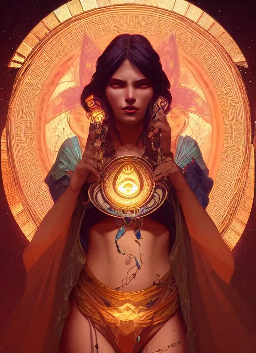 Image similar to Divine cosmic female power, glyphs, magic, artstation, high contrast, dramatic lighting, cgsociety, very detailed, intricate, detailed illustration, by artgerm and greg rutkowski and alphonse mucha, octane render, unreal engine, hyperrealism