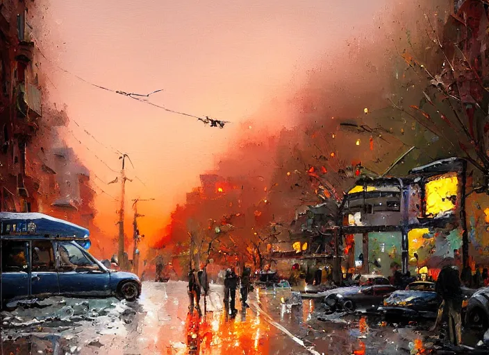 Prompt: 🌆 🚔 🌨 😲, in the style of antoine blanchard, scott listfield, digital art