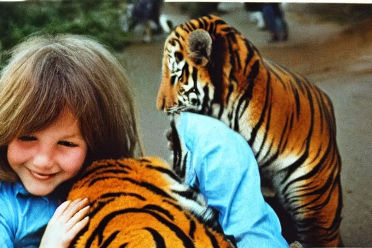 Prompt: close-up color film photography 1970s, girl hugs a tiger, soft light, 35mm, film photo, Joel Meyerowitz