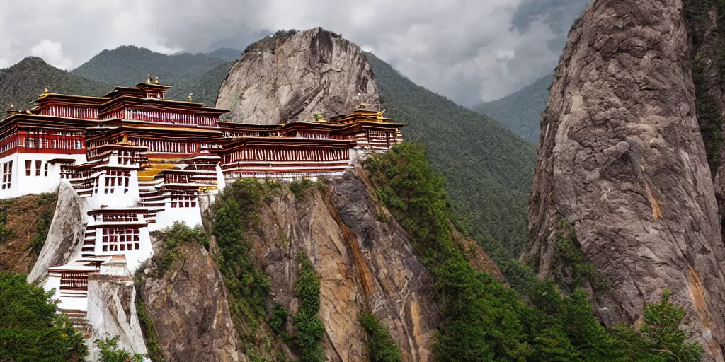 Prompt: Tibetan Buddhist monastery built inside of steep rock cliff, , highly detailed, hyper realistic