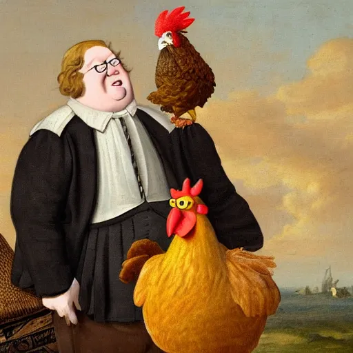 Prompt: dutch golden age painting of peter griffin and a giant chicken standing next to each other in an office, very intricate, very detailed, 8 k,