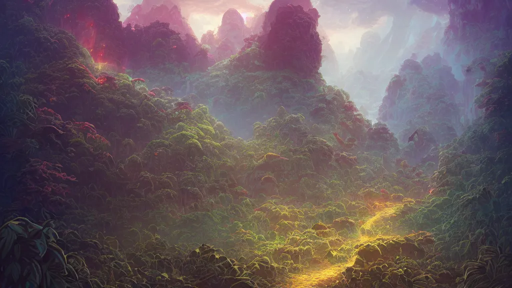 Prompt: indistinct psionic dinosaur, jungle landscape, broken down grey wall,, alena aenami, petros afshar, noah bradley, anton fadeev, anato finnstark, steve henderson, filip hodas, mark keathley, thomas kinkade, phil koch, gilbert williams, mike winkelmann, beeple