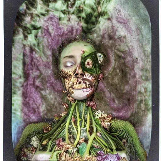 Image similar to a beautiful detailed front view portrait of a rotten woman corpse with fractal plants and fractal flowers growing around, volumetric light, beautiful lit, polaroid photography