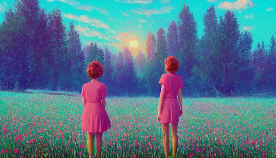 Image similar to girl with a flower face, surreal, dream, standing in flower field, hills, big trees, sunrise dramatic light, impressionist painting, colorful clouds, digital painting, pointillism, artstation, simon stalenhag