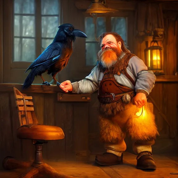 Prompt: Drunk Dwarf Woodsman talks to his Raven at the Tavern, RPG Portrait Full Body, Oil Painting, Trending on Artstation, octane render, Insanely Detailed, 8k, HD