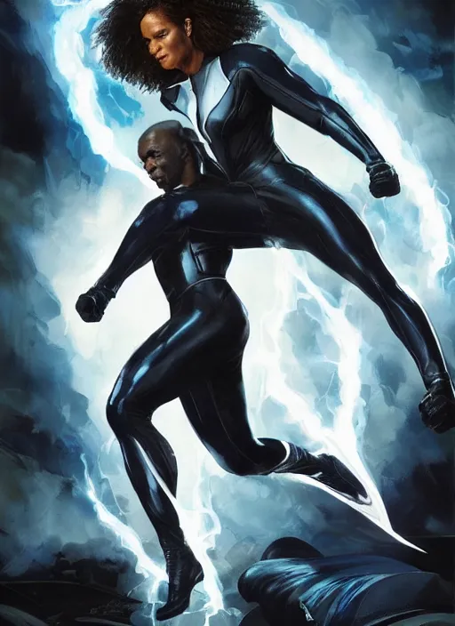 Prompt: chadwick boseman black banther and halle berry as the character strom from x - men, white hair, lightning beings, epic splash cover art,, by artgerm, greg rutkowski, james gurney, alex ross