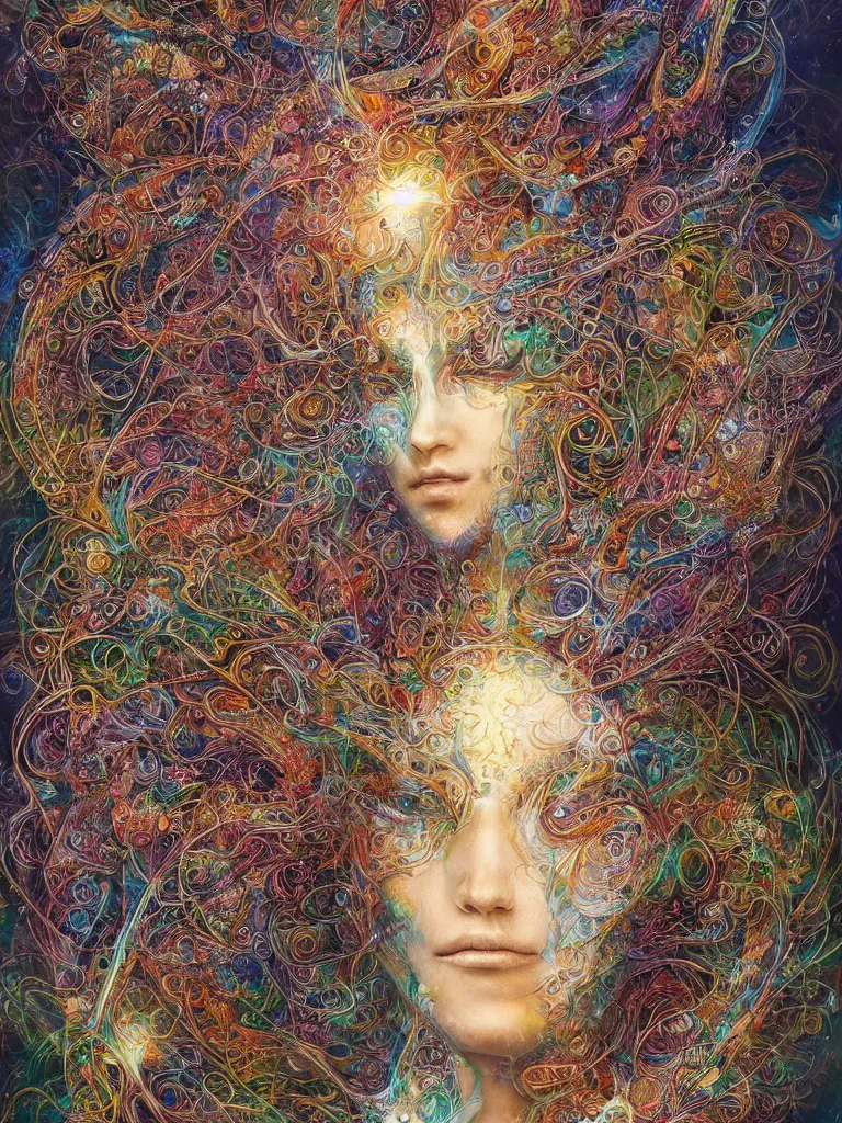 Prompt: a sculpture of an intricate visionary depiction of a realistic beautiful enlightened female transcending beyond the physical boundaries of space and time by android jones and amanda sage