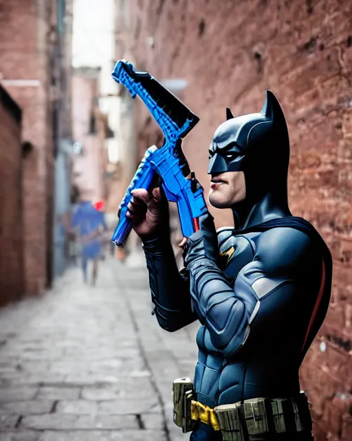 Image similar to happy batman firing super soaker water gun in an alleyway, everyone having fun, toy product advertisement, photography