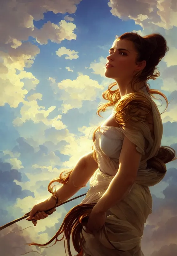 Image similar to Lamia, posing heroically, heavenly sunlit clouds background, close-up shot, elegant, digital painting, golden hour, cinematic, epic, trending on artstation, concept art, smooth, sharp focus, illustration, art by artgerm and Greg Rutkowski and Alphonse Mucha