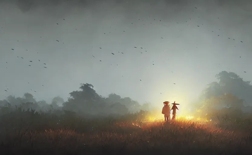 Image similar to a painting of the grave of the fireflies trending on artstation in the style of greg rutkowski