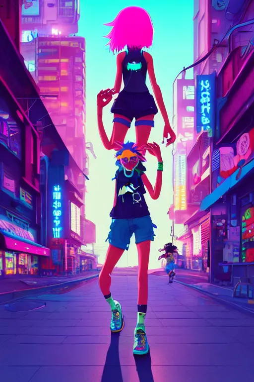 Image similar to digital illustration of cyberpunk muppet girl with blue hair, wearing a tank top and shorts, wearing nike air mags, full body pqkose, in city street at night, by makoto shinkai, ilya kuvshinov, lois van baarle, rossdraws, basquiat