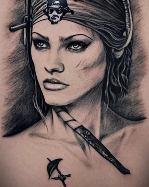 Prompt: pirate ship on a deserted island next to a beautiful face of a woman warrior, realism tattoo drawing, hyper realistic, shaded