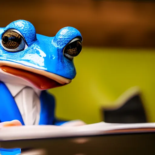 Prompt: professional close-up photograph of an anthropomorphic blue frog wearing a blue suit in an office, 8k, detailed