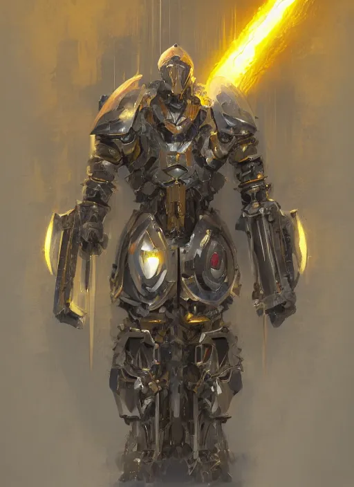 Image similar to dynamic attack position abstract portrait of a intricate glorious holy mechanical warforged character in yellow armor holding a paladin engraved great longsword drawn and carrying a big paladin shield, glowing!!!! eye, face in focus, epic , trending on ArtStation, masterpiece, cinematic lighting, by Ross Tran and by Greg Rutkowski
