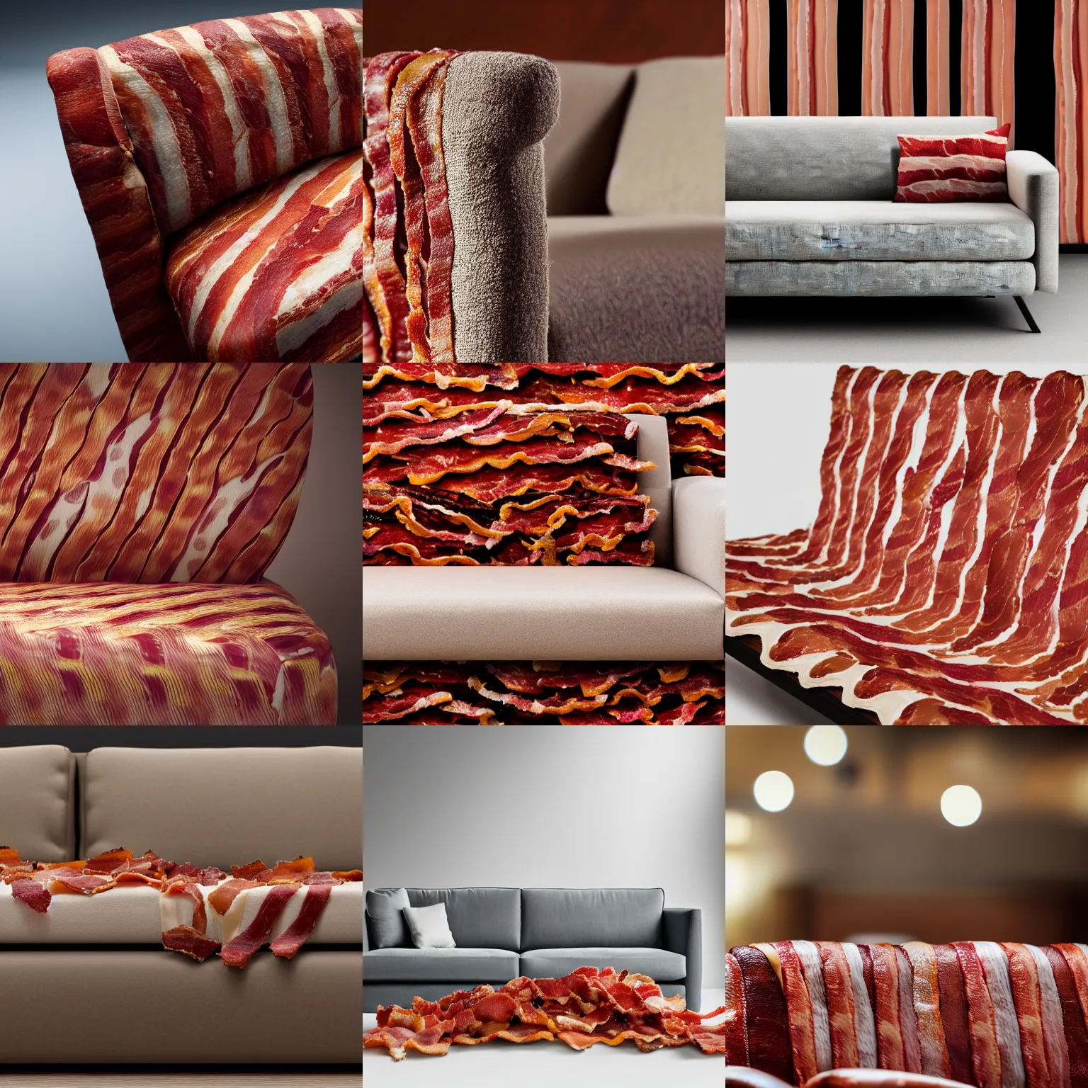 Prompt: a studio photo of a modern sofa made of bacon. high detail, uhd 8 k, reflections, depth of field, bokeh