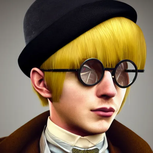 Prompt: a highly detailed Portrait of a young man with yellow hair, round steampunk glasses on his forehead, Victorian style costume, steampunk, artstation, DeviantArt, professional, octane render