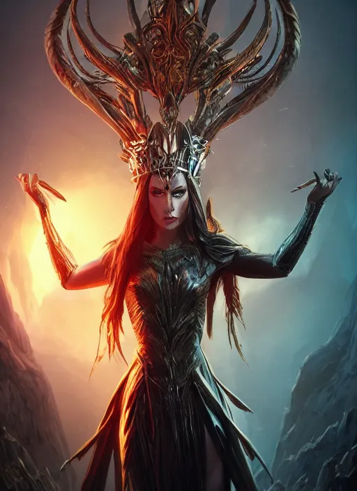 Image similar to hela goddess wearing crown, ultra detailed fantasy, elden ring, realistic, dnd character portrait, full body, dnd, rpg, lotr game design fanart by concept art, behance hd, artstation, deviantart, global illumination radiating a glowing aura global illumination ray tracing hdr render in unreal engine 5