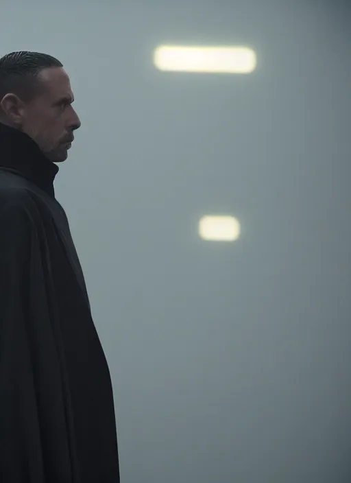 Prompt: dark figure wearing black robe with subtle trim gold accents hooded cyberpunk bladerunner 2049 movie still (2017)